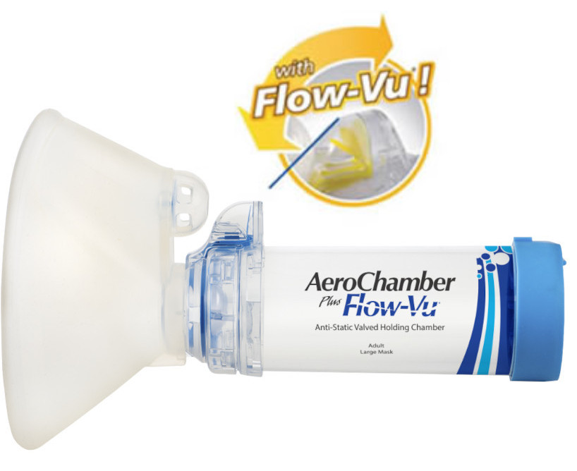 AeroChamber Plus Flow-Vu - Maska dla dorosłych z opisem Flow-Vu